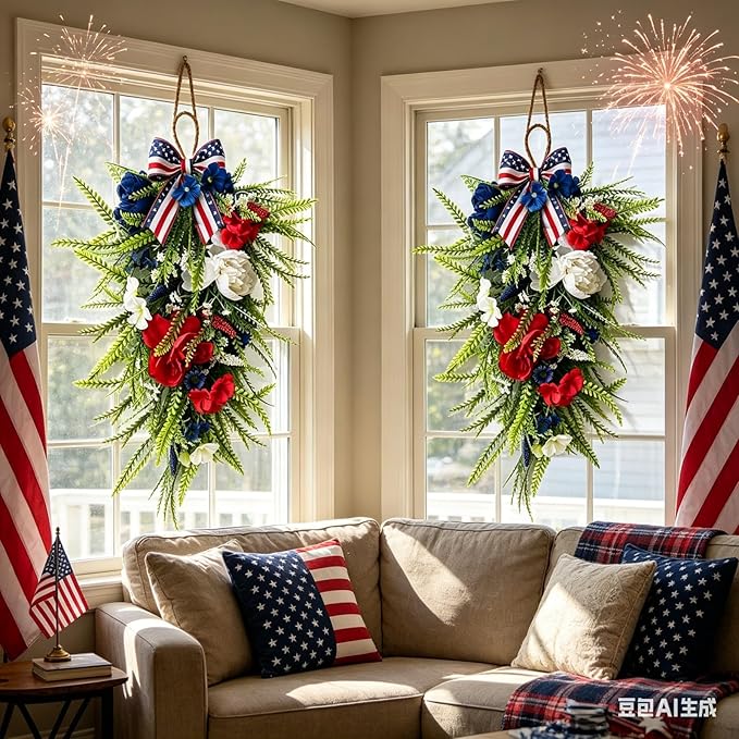 2 Pack 21'' Patriotic Teardrop Swag Wreaths Artificial 4th of July Red White Blue Floral Swag with Fern Leaves Peonies Roses for Independence Day Memorial Day Front Door Porch Cabinet Window Wall