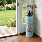 Vintage Metal Round Umbrella Holder Decorative Flower Design Umbrella Stands Entryway Organizer Bucket for Home/Office/Farmhouse - Holds Multiple Umbrellas, Walking Sticks & Canes Flower Blue