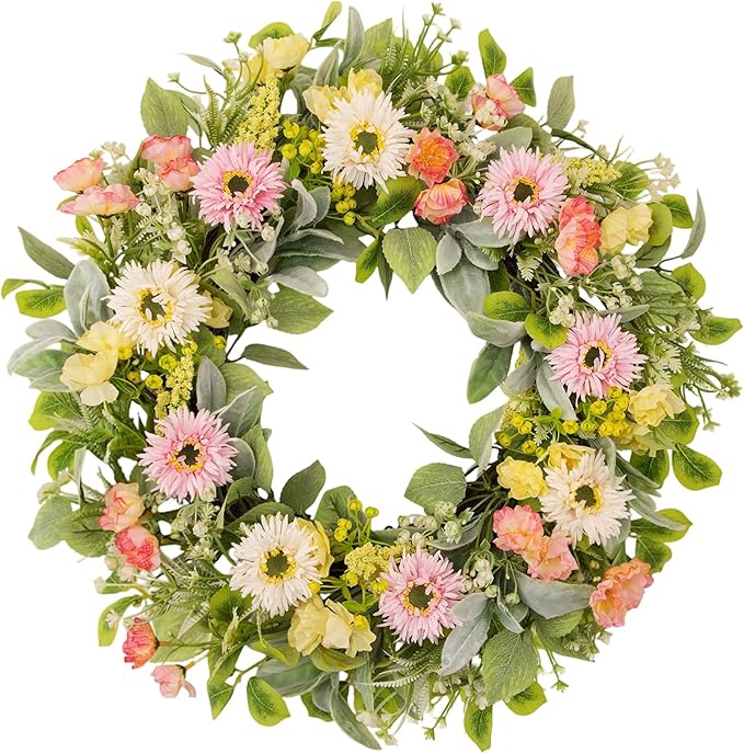 20 Inch Spring Wreaths for Front Door, Artificial Pink Gerbera Daisy & Yellow Rose Floral Wreath with Lamb's Ear Leaves & Greenery, Farmhouse Summer Wreath for Wall Window Porch Home Decor