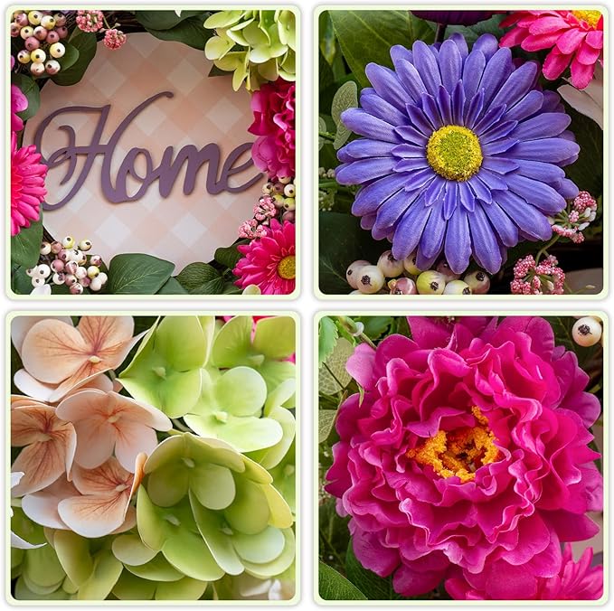 Spring Wreaths for Front Door- 24Inch Summer Wreaths with DIY Wooden Home Sign, Artificial Hydrangea, Peony, Tulip & Gerbera Flowers, Spring and Summer Door Wreaths for Indoor Outdoor Decor