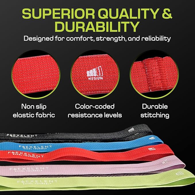 Fabric Resistance Bands for Working Out – 5 Strength Levels from Extra Light to Extra Heavy – Thick Workout Bands for Legs, Glutes, HIPS, Stretching, Strength Training with Storage Bag