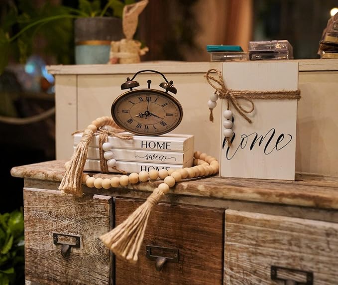 3 Pieces Wooden Decorative White Books, Rustic Farmhouse Faux Books for Coffee Table Shelves with Wood Bead Tassels and Leaves, 7'x 4.6'x 2.5' (Grateful, Thankful, Blessed)