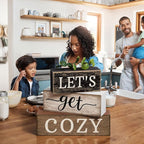 Moucuny 4 Pcs Farmhouse Table Decor Inspirational Wooden Signs Rustic Eucalyptus Leaves Wooden Block Sign Gift Let's Get Cozy Farmhouse Table Centerpiece for Living Room Housewarming Gift