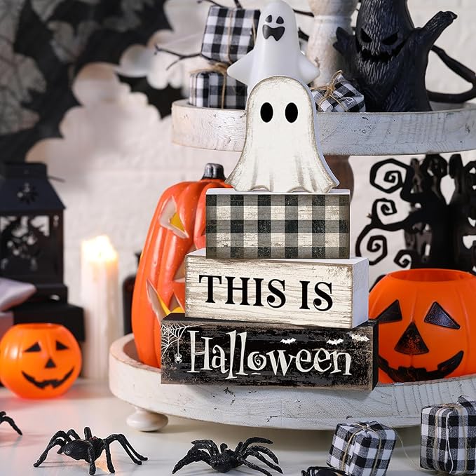 Lineshading 4 Pcs Ghost Halloween Decor Black and White Halloween Tiered Tray Decor Ghost Table Centerpiece Decorations Rustic Wooden Block Sign Gift for Home Shelf Kitchen Coffee Bar