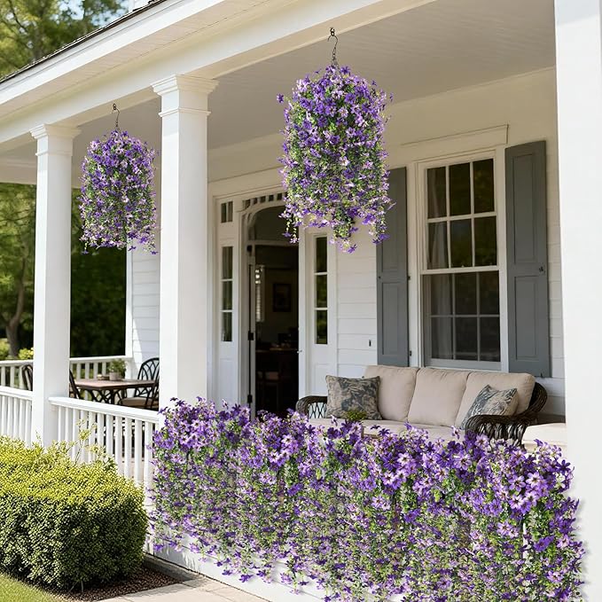 Artificial Hanging Flowers for Outdoors, 2 Pcs Fake Hanging Flowers Spring Summer Decor, UV Resistant Faux Artificial Outdoor Plants for Planter Front Door Porch Patio Garden Yard(Gradient Purple)
