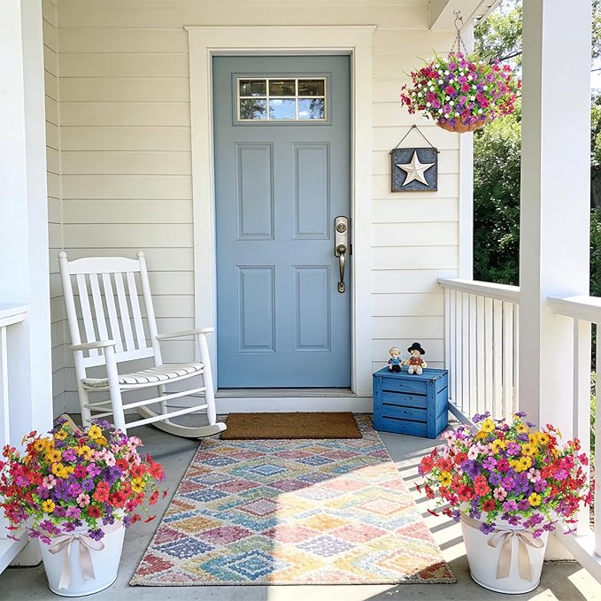 Artificial Flowers for Outdoors Spring Decoration, 12 Bundles Fake Flower Daisy with Realistic Eucalyptus Leaves, Faux Plants for Greenery Boxwood Porch Patio Garden Pot Lawn