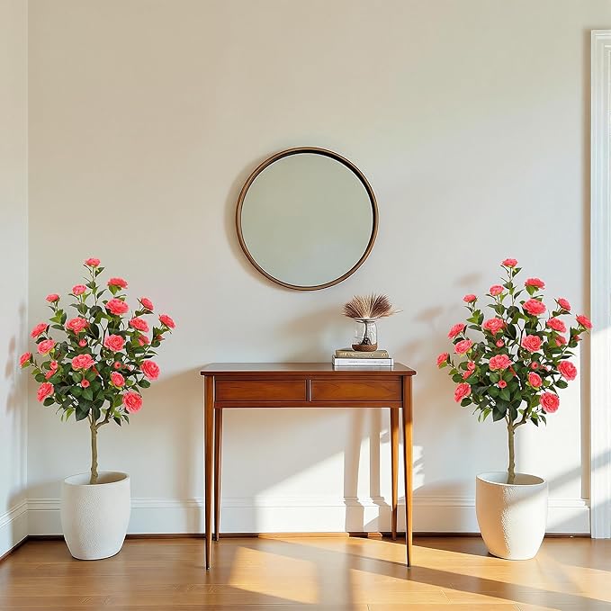 Bellacat 4ft Artificial Camellia Tree with Silk Pink Flowers, 48in Faux Camellia Plant with Lifelike Trunk, Fake Flower Tree Potted Front Door Plants for Porch Patio Deck Living Room Decor, 2Pack