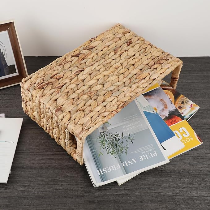 BTSKY Woven Magazine Holder, Water Hyacinth Magazine Basket, Natural Narrow Storage Basket Bin for Books & Files, Magazine Rack with Built-in-Handle for Home, Office & Desk - 15.4x5.5x9.8 Inch