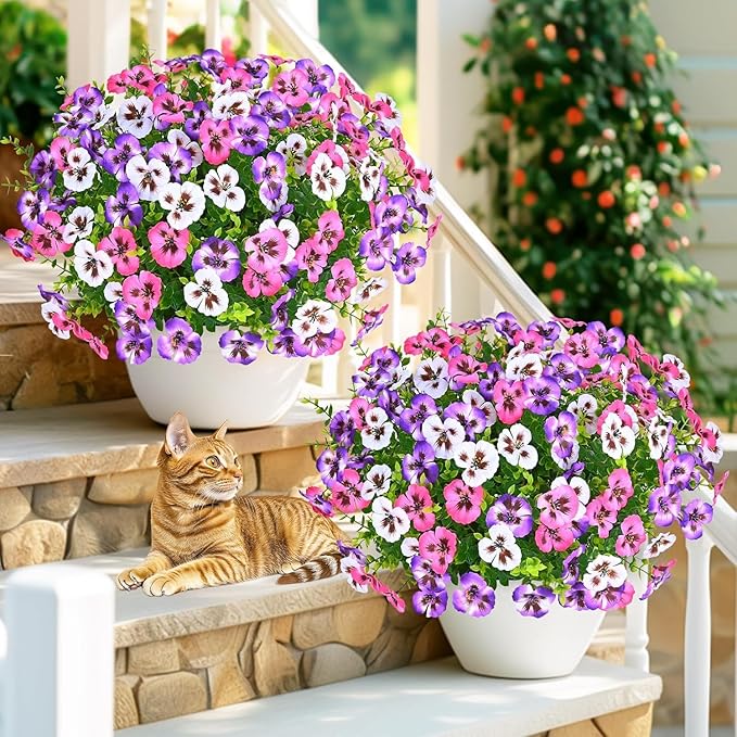 MARTINE MALL 18 Bundles Look Real Artificial Flowers for Outdoors, Realistic Fake Outdoor Flowers UV Resistant Silk Pansy Flower for Outside Faux Flower Plant for Outdoor Porch Yard, Pink+Purple+White