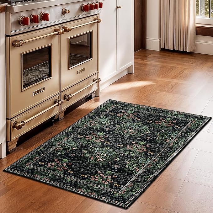 Lessymo Washable Entryway Rug 2x3, Front Door Mat Indoor Non-Slip Bathroom Small Area Rugs for Kitchen Bedroom Entry, Vintage Forest Floral Design, Black Green