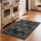 Lessymo Washable Entryway Rug 2x3, Front Door Mat Indoor Non-Slip Bathroom Small Area Rugs for Kitchen Bedroom Entry, Vintage Forest Floral Design, Black Green