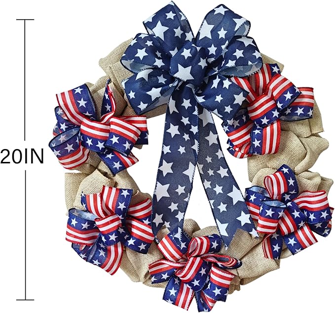 XKCL Patriotic Wreaths, 20 Inch Memorial Day Wreath, 4th of July American Flag Wreath for Front Door Decorations (Beige＆Bule)