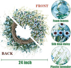 Sggvecsy Blue Daisy Wreath 24 Inch Spring Summer Fake Silk Floral Wreath with Green Eucalyptus Leaves and Lavender for Front Door Window Wall Wedding Farmhouse Festival Decor