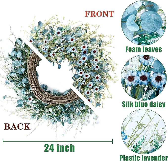 Sggvecsy Blue Daisy Wreath 24 Inch Spring Summer Fake Silk Floral Wreath with Green Eucalyptus Leaves and Lavender for Front Door Window Wall Wedding Farmhouse Festival Decor