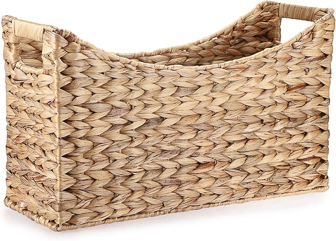 BTSKY Woven Magazine Holder, Water Hyacinth Magazine Basket, Natural Storage Basket Bin for Books & Files, Bathroom Magazine Rack with Built-in-Handle for Home, Office & Desk - 17x6.5x9.8 Inch
