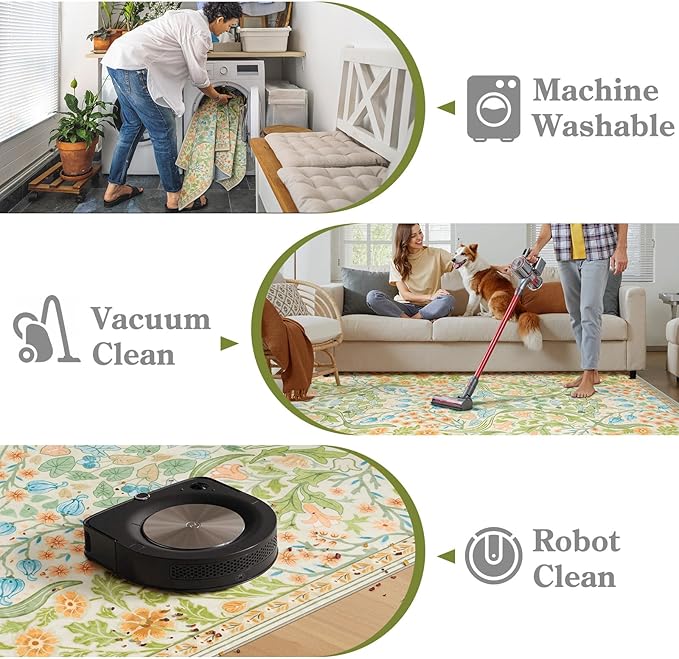 Moynesa Floral Washable Rugs, 8x10 Area Rug for Living Room, Soft Large Boho Bedroom Rugs, Flower Non Slip Ultra Thin Botanical Carpet for Dining Room Nursery Office, Spring