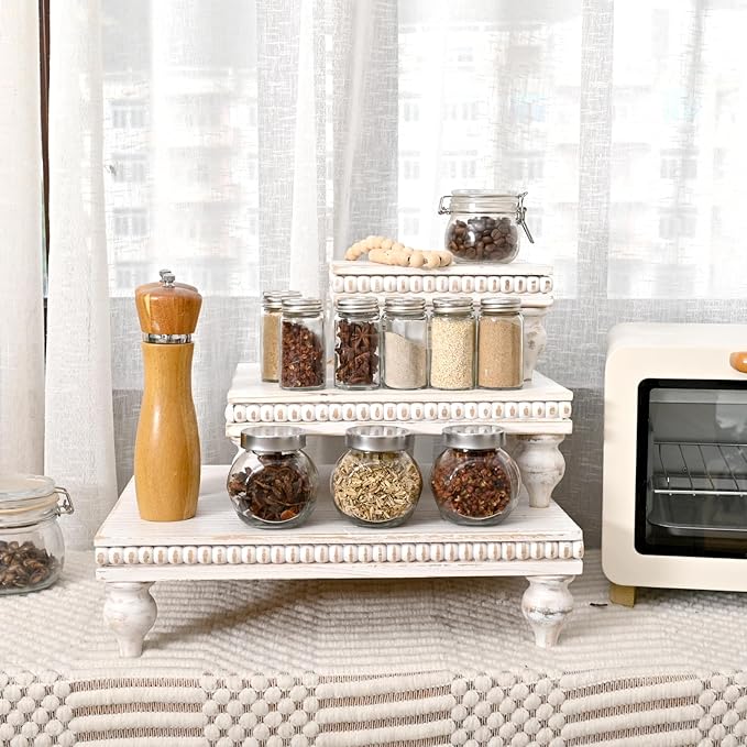 Swallowliving 3 Pcs Set Farmhouse Wood Risers for Display Decorative, Rustic Shabby Chic Tiered Tray for Kitchen Counter, Coffee Bar Table, Dining Room, Wooden Rectangle Beaded Pedestal Stand for Food, White