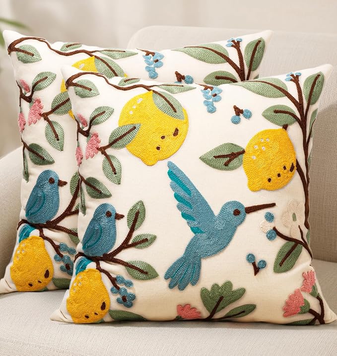 Embroidered Throw Pillow Covers 18x18 Inch - Set of 2 Summer Spring Boho Decorative Pillow Covers with Zipper for Living Room Couch Sofa Bed Aesthetic Design Bird Lemon Cushion Pillowcases