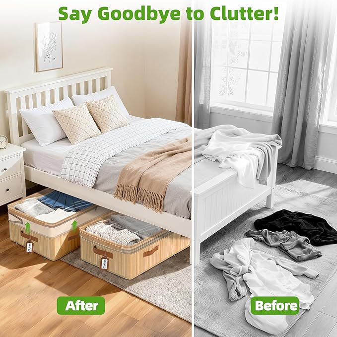 Livole Bamboo Under Bed Storage with Wheels, 6-10 inches Height Adjustable Underbed Storage Containers, 92L XXXL Large Rolling Under Bed Storage Bins for Clothes, Blankets, Sweater, Shoes, 1 Pack