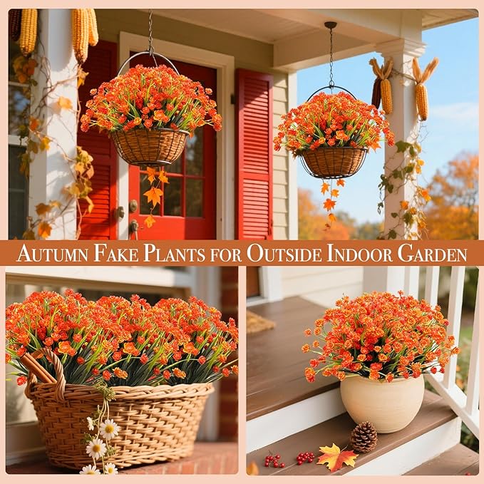 12 Bundles Artificial Flowers for Outdoors Spring Summer Decorations, UV Resistant Fake Mums Realistic Fake Plants Faux Plastic Flowers for Outdoor Indoor Home Gardens Porch Fall Decor(Orange Red)