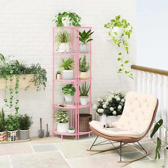 Yoobure Corner Shelf Stand, 5-Tier Bookshelf, 65" Tall Shelves for Bedroom, Living Room, Narrow Display Bookcase, Pink with Display Shelves for Office
