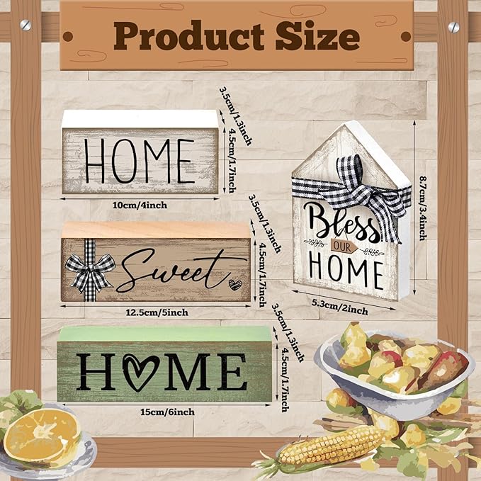 Moucuny 4 Pcs Wooden Farmhouse Table Decor Rustic Home Sweet Home Stacked Blocks Decoration Farmhouse Tiered Tray Decor Decorative Eucalyptus Block Signs Bless Gift for Kitchen Shelf Coffee Table