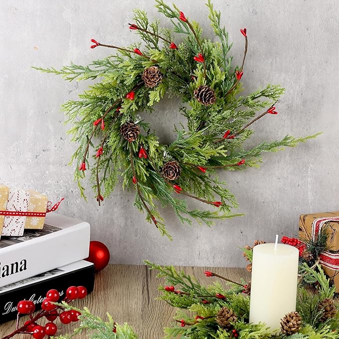 4 Pcs 9 Inch Christmas Wreaths for Kitchen Cabinet Artificial Cedar Pine Hanging Wreath with Red Berries Pine Needles for Front Door Xmas Swag Wreaths for Christmas Winter Farmhouse Home Decorations