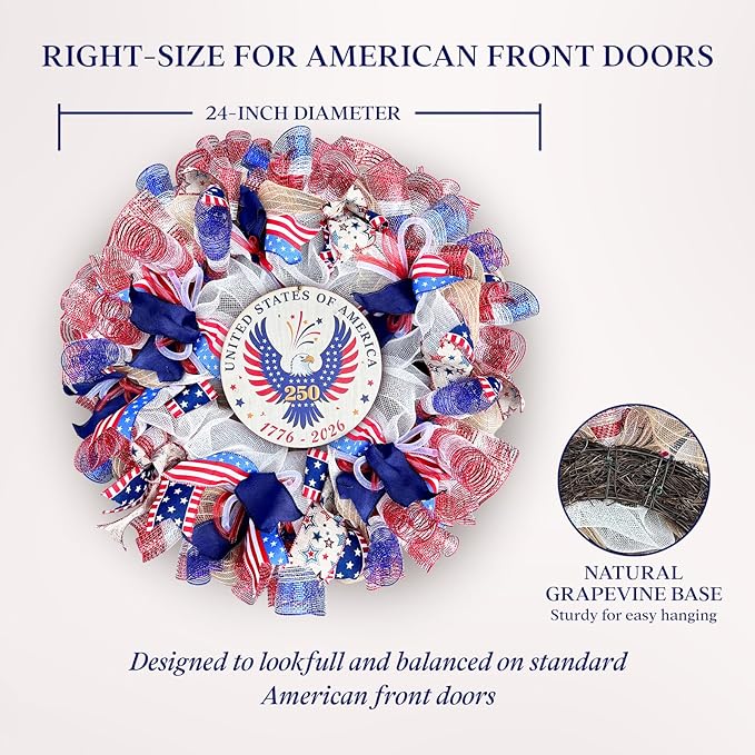 250th Anniversary Patriotic Wreaths for Front Door, 24 Inch Large 4th of July Wreath with Removable 1776-2026 Eagle Door Sign, Handcrafted Memorial Day Decorations with Light &Storage Bag