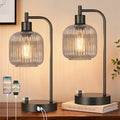 QiMH Industrial Table Lamp for Bedroom Set of 2, Grey Glass Beside Lamp with USB A&C Ports, Stepless Dimmable Black Lamps, Nightstand Lamps for Living Room, Office, Home Decor(Bulb Included)