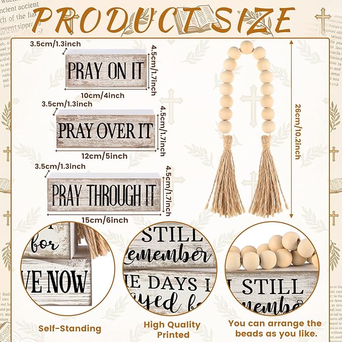 Yuntau 4 Pcs Farmhouse Wooden Tabletop Decor Rustic Retro Wood Bead Garland I Still Remember the Days I Prayed for What I Have Now Block Sign Neutral Centerpiece Sign for Tiered Tray Home Shelf Mantle