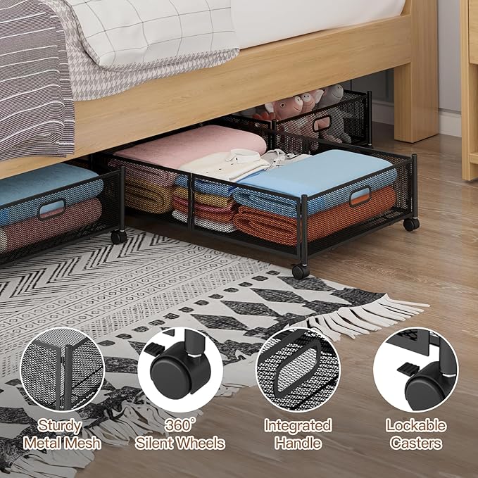 Under Bed Storage with Wheels, Foldable Metal Mesh Underbed Storage Container Bins, Tool-free Assembly Clothes Drawer Organizer,2Pack