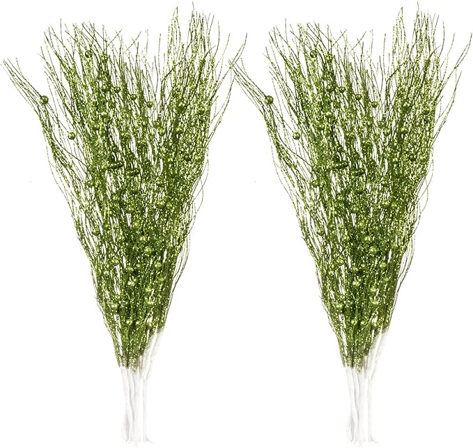 SLK 16-Pack Artificial Glitter Pick Set Of Berry Sprays Stem Ornaments, Christmas Decoration Glittery Twigs, Christmas Tree Picks, Branches, Wreath For Christmas Day, Halloween，Party ,Holiday，Green