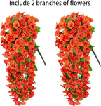 HyeFlora Artificial Fake Hanging Flowers Plants for Outdoor Outside Spring Decor, 2PCS Faux Silk Orange Morning Glory Trailing Vines UV Resistant Look Real for Home Planter Porch Patio