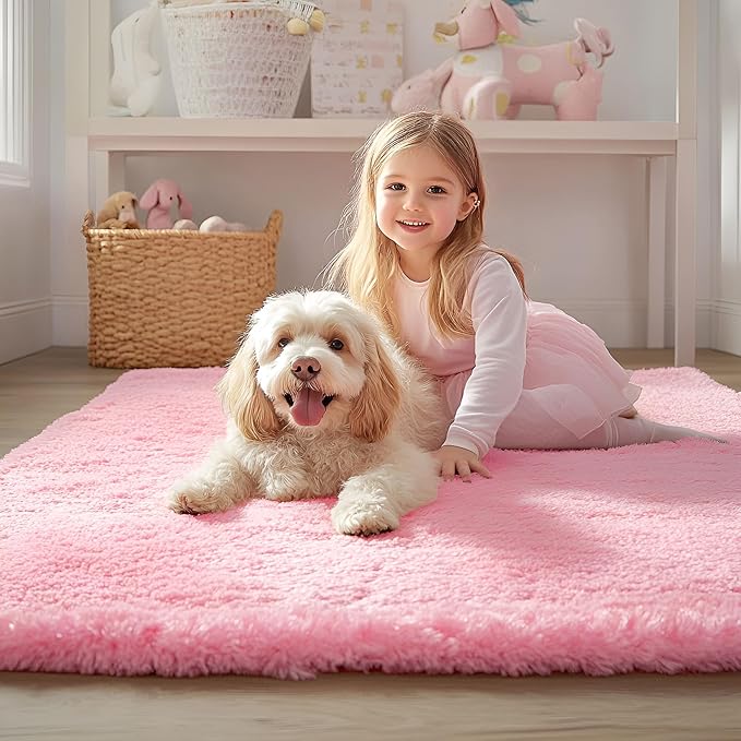 OLANLY 2x3 Machine Washable Small Bedside Rug, Soft Fluffy Shaggy Entryway Throw Rugs for Bedroom, Living Room, Indoor Floor Carpet for Kids Girls and Boys, Nursery Rooms, Home Decor Aesthetic, Pink