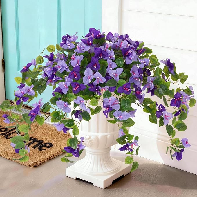 Homsunny Artificial Fake Flowers Plants for Outdoor Decoration, 2 Pcs Faux Silk Flower Bougainvillea Vines Look Real UV Resistant for Home Porch Patio Balcony Yard Spring Decor(Purple)
