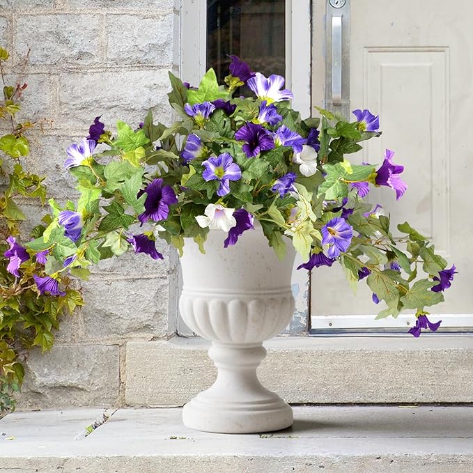 Artificial Morning Glory Fake Flowers for Outdoor Planter Decoration, 2 Pcs Petunias Realistic UV Resistant Faux Silk Flowers for Garden Balcony Porch Indoor Decor (Purple White)