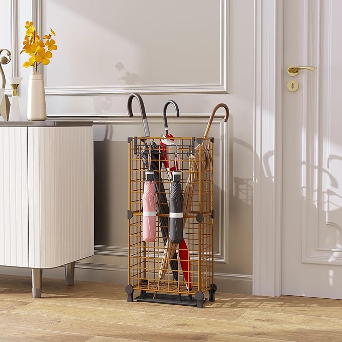 AWTATOS Umbrella Holder Entryway, Umbrella Stand Freestanding, Metal Square Umbrella Rack Organizer with a Removable Drip Tray, Hooks, Brown