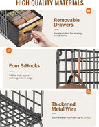 Closet Hanging Organizer with Drawers, 6 Tier Metal Closet Organizers and Storage with 4 Hanging Hooks 4 S-Hooks for Wardrobe Laundry Room, Wire Storage Shelf for Clothes Sweaters Pants (Black)