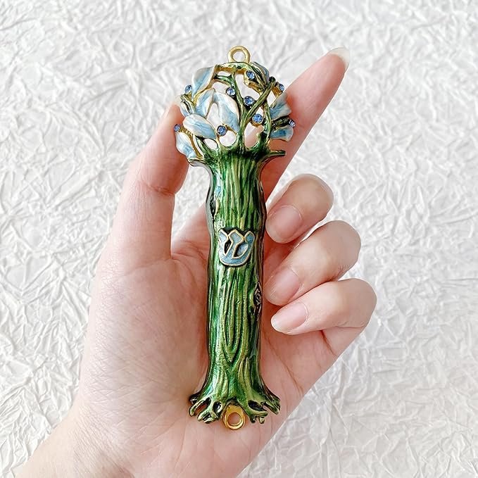 4.9 Inches Hand-Painted Mezuzah, Exquisite Enamel Design with Scroll Included for Jewish Occasions