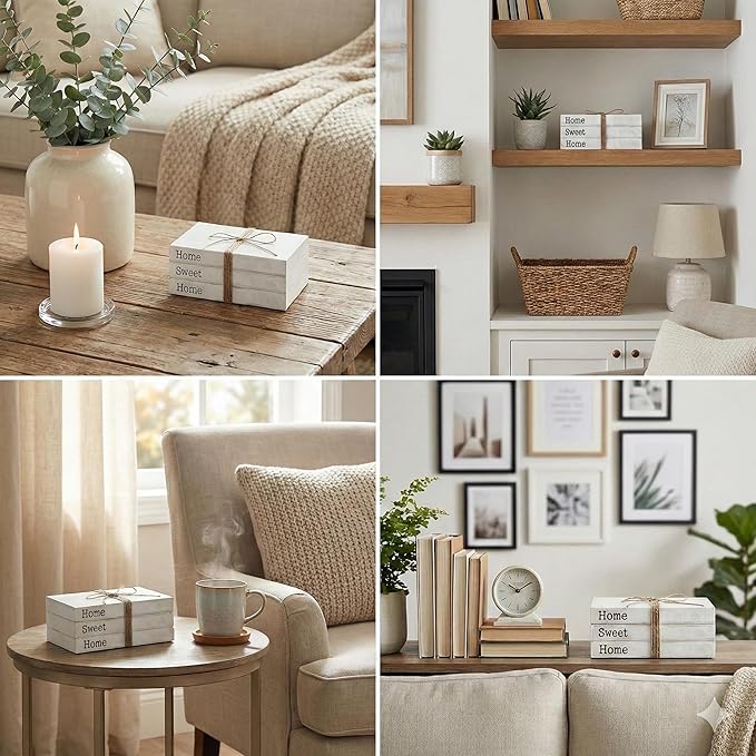 TenXVI Designs Home Sweet Home Sign Decorative Books - Set of 3 White Rustic Blank Books with Real Pages for Coffee Table Decor, Entryway Table Home Decor, Blank Books
