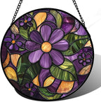 Stained Glass Window Hanging, Purple Green Flowers Sun Catcher for Door Home Decor Plants Suncatcher Christmas Mother's Day Birthday Gifts for Women Men Mom and Nana 7.8 in