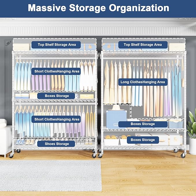 P8C Max Heavy Duty Clothes Rack（With Extended Width Design） Rolling Clothing Racks for Hanging Clothes with Lockable Wheels，51.2"W x 15.8"D x 80.5"H，Load 700LBS，White Rack with White Cover