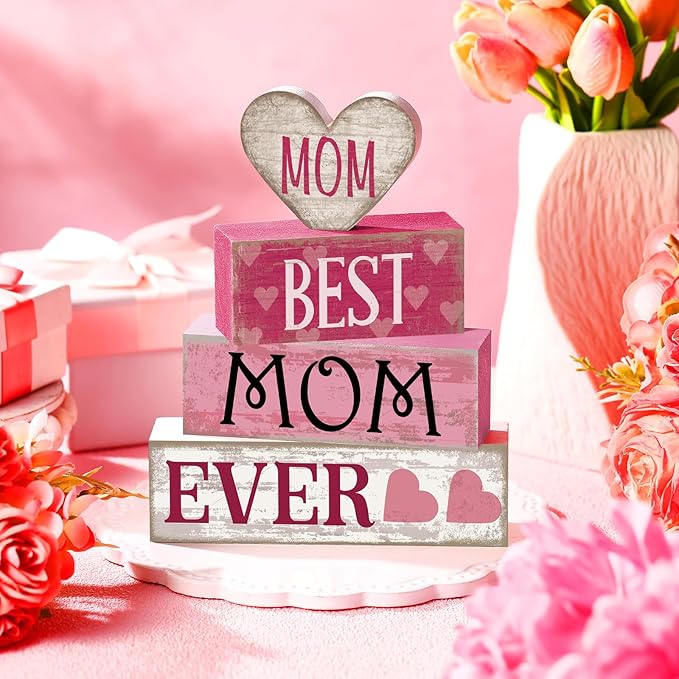 Yuntau 4 Pcs Mothers Day Table Decorations Mothers Day Tiered Tray Decor Mom Wooden Sign Mothers Day Centerpiece Decorative Faux Book Stack Block for Coffee Table Fireplace Mantel Floating Shelf
