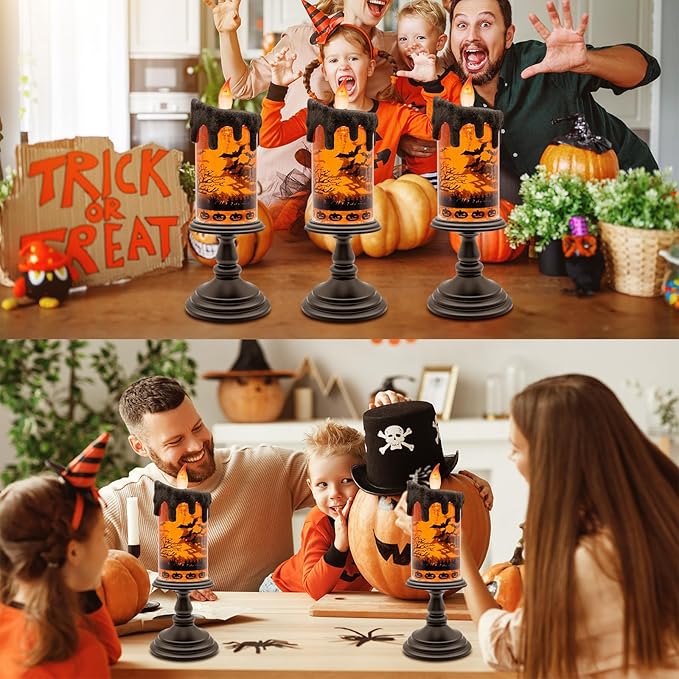 Halloween Snow Globe Flameless Candle – Lighted Halloween Glitter Lantern with Spinning Water and Timer, Pumpkin & Bat Scene Halloween Decor for Home, Party, Table Centerpiece