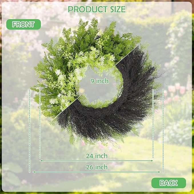 26" Spring Summer Greenery Wreath for Front Door, Large Green Wreath with Fern Leaves and White Flowers All Seasons for Indoor Outdoor Door Wall Window Porch Farmhouse All Season Home Decor
