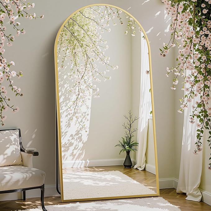 DUMOS 70.4"x25.6" Arched Full Length Mirror with Stand, Floor Body Mirror Shatter-proorf Nano Glass with Aluminum Frame, Free Standing or Hanging Leaning Modern Simple Home Decor, Gold
