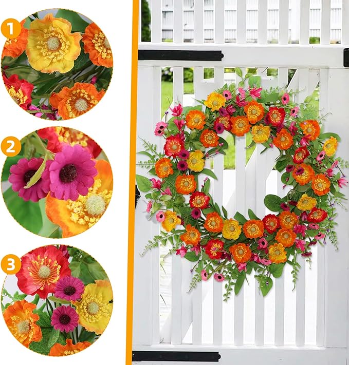 Spring Summer Wreaths for Front Door,22 Inch Artificial Spring Summer Poppy Flower Wreath with Wildflowers,Eucalyptus Leaves for Indoor Outdoor Wall Porch Festival Farmhouse Home Holiday Decor.