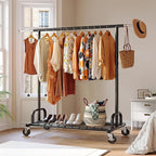 Raybee Clothes Rack Heavy Duty Load 530 LBS, Clothing Racks for Hanging Clothes, Rolling Clothing Rack, Extendable Adjustable Portable Clothes Rack, Metal Garment Rack, Black