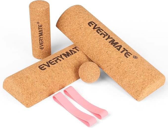 EVERYMATE 4-in-1 Cork Balance Board Kit, Foot & Ankle Strengthener with Massage Roller/Ball, Toe Resistance Bands, Storage Bag, for Enhance Mobility & Prevent Falls Improve Foot Function for Home/Office/Gym