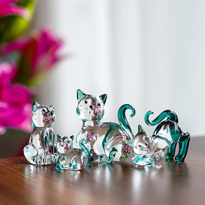 HDCRYSTALGIFTS 2'' Blown Glass Cat Figurines Collectibles Pack of 4 Emerald Green Crystal Kitty Animal Statue Kitten Sculpture for Home Decor Gift for Cat Lovers